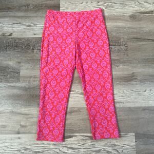 Jude Connally Leggings Pink Red Damask Print Cropped Stretch Pull-On Retro